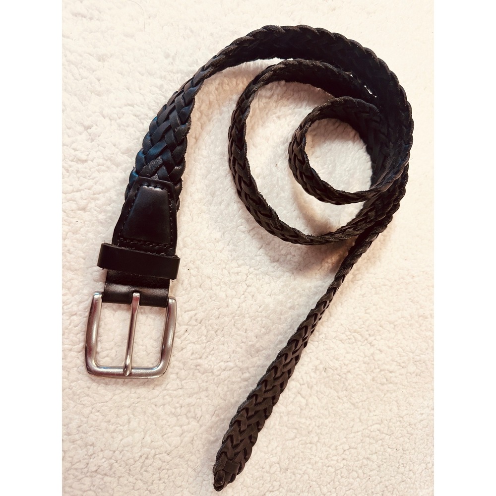 Braided Leather Belt Mens Large Black Excellent Woven Silver Buckle 46.5" length